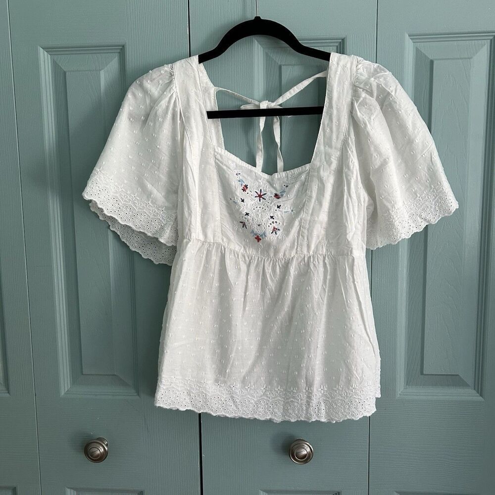 Old Navy Womens Cottagecore Babydoll Blouse Sm Eyelet Embroidery Flutter Sleeve